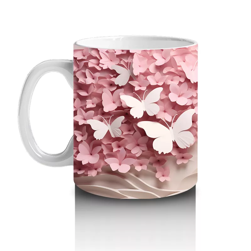 Yumuşak Pembe Yapraklar Arasında Kelebek – Baskılı Kahve Kupası - 2