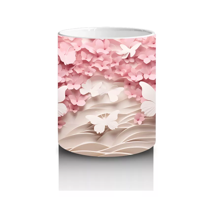 Yumuşak Pembe Yapraklar Arasında Kelebek – Baskılı Kahve Kupası - 3