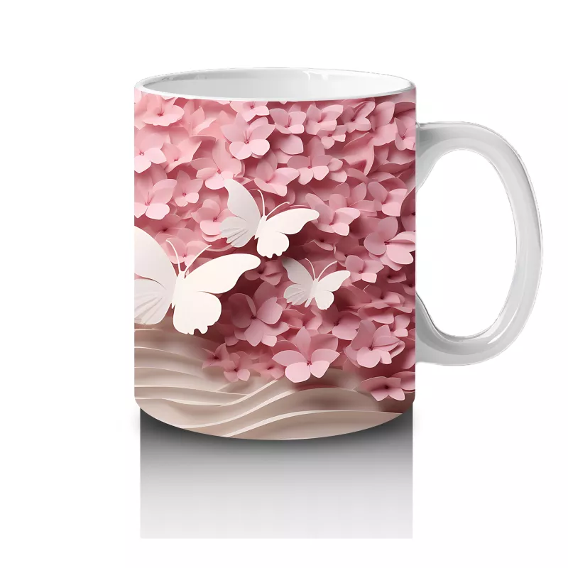Yumuşak Pembe Yapraklar Arasında Kelebek – Baskılı Kahve Kupası - 4