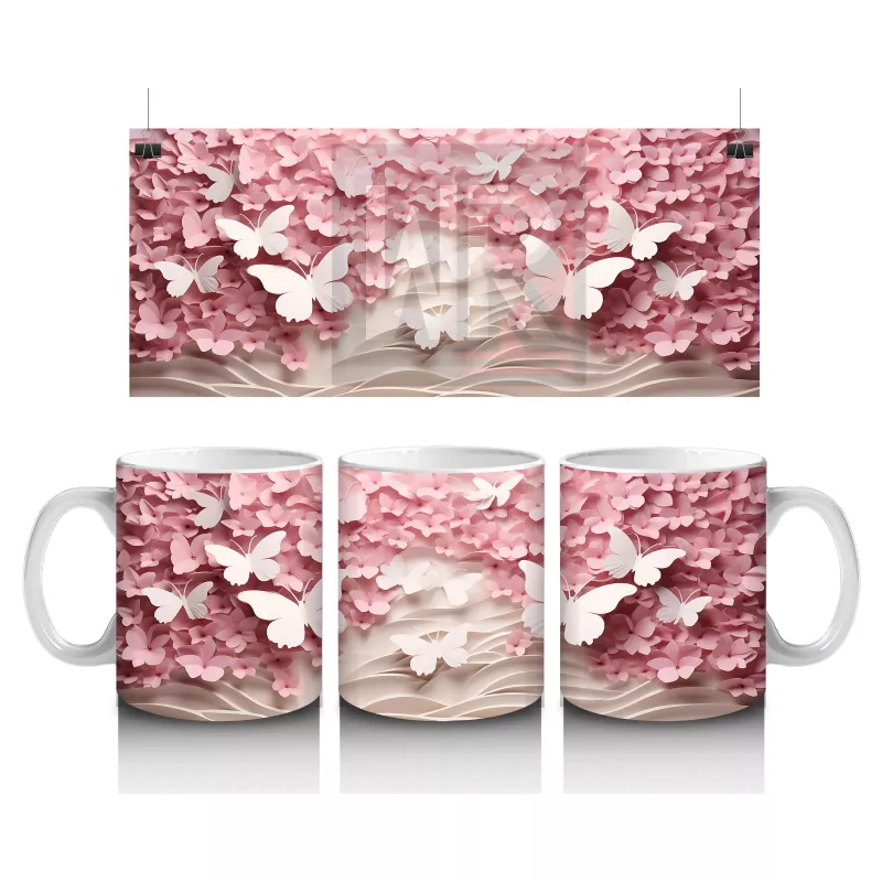 Yumuşak Pembe Yapraklar Arasında Kelebek – Baskılı Kahve Kupası