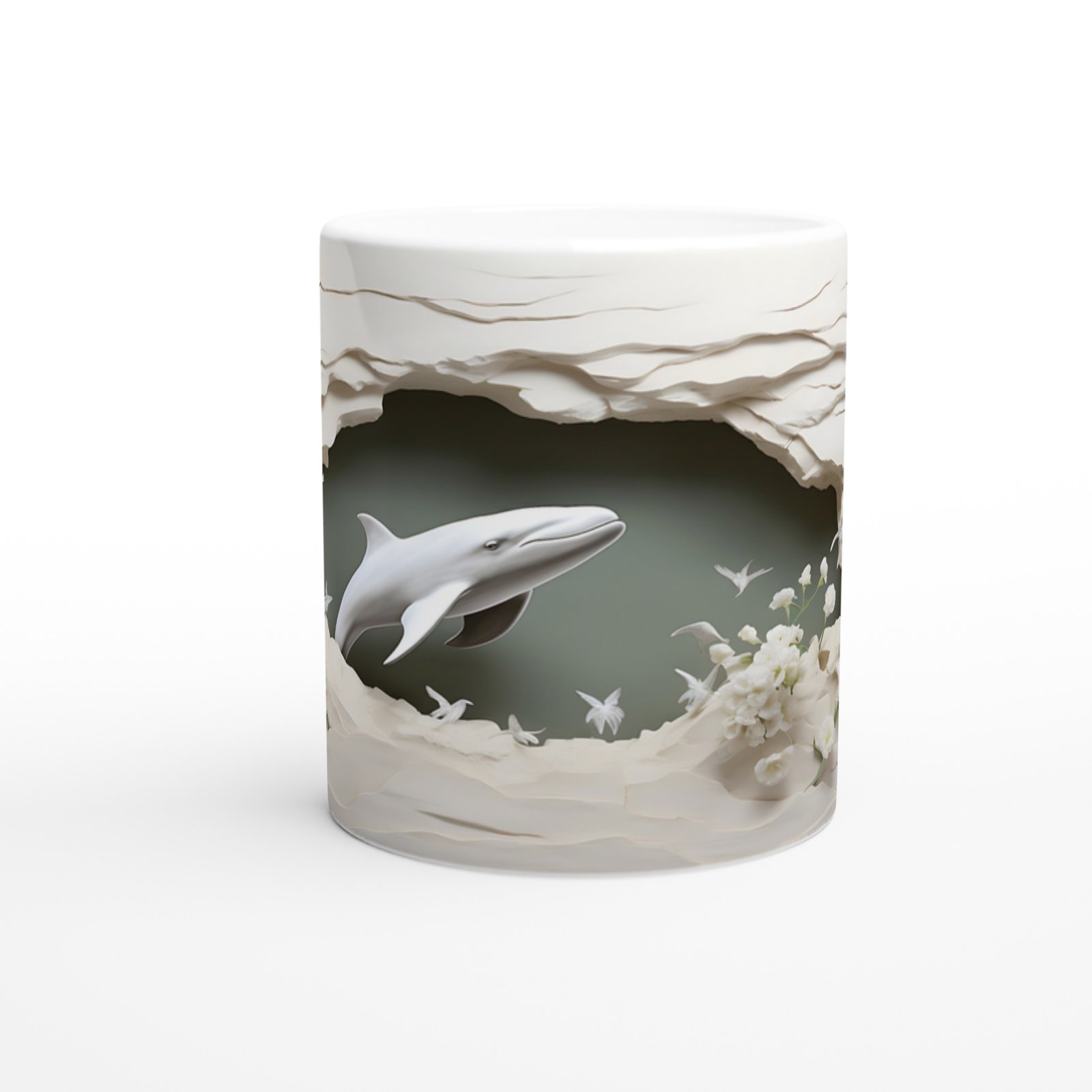 Zarif Çiçekler Arasında Yüzen Yunus Su Altı Temalı Kupa Bardak