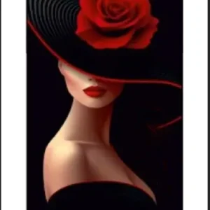 Kırmızı Güllü Şapkalı Kadın Kanvas Tablo | Modern ve Gizemli Duvar Sanatı