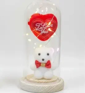 I Love You Kalpli Işıklı Cam Fanus & Ayıcık - Romantik Hediye