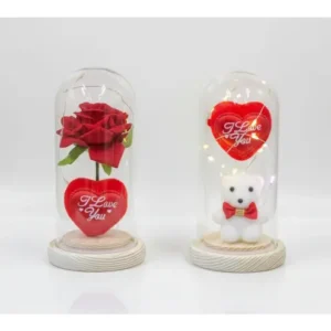 İkili Aşk Seti: Işıklı Cam Fanus Kırmızı Gül & Kalpli Ayıcık -  Romantik Hediye Seti