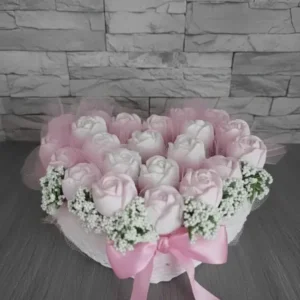 Kalp Sepetli Yapay Gül Aranjmanı - Pembe & Beyaz Hediyelik Çiçek