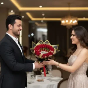 Kalp Formunda Kırmızı Gül Buketi - Aynalı ve Gold Detaylı Lüks Aranjman