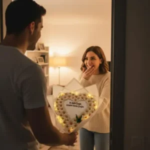 Işıklı Kalp Papatya Buketi - Kişiye Özel Yazılı & Kelebekli Aranjman