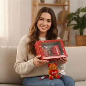 Romantik Love Hediye Seti - Kırmızı Kupa, Ayıcık ve Mesajlı Cam Küre Kutusu