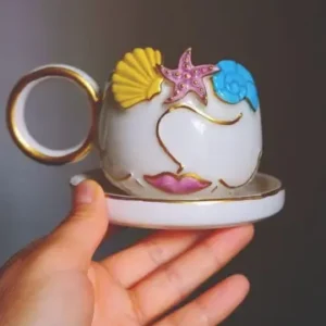 Ocean Breeze Kişiye Özel El Yapımı Seramik Fincan - Deniz Kabuğu ve Yıldızı Temalı