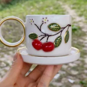 Cherry Blossom Kişiye Özel El Yapımı Seramik Fincan - Vişne ve Çiçek Motifli