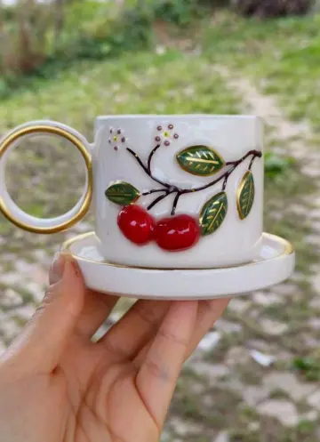 Cherry Blossom Kişiye Özel El Yapımı Seramik Fincan - Vişne ve Çiçek Motifli