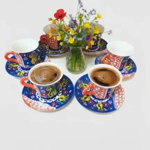 Anadolu Motifli El Yapımı Seramik Kahve Fincan Takımı - Geleneksel Çini Desenli