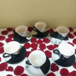 Marble Noir Kişiye Özel El Yapımı Seramik Fincan Takımı - Siyah Beyaz Mermer Desenli