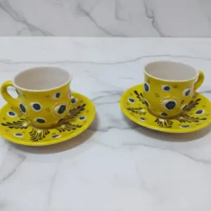 Sunshine Nazar 2'li El Yapımı Seramik Fincan Takımı - Sarı Geleneksel Motifli