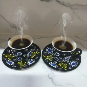 Midnight Nazar 2'li El Yapımı Seramik Fincan Takımı - Siyah Geleneksel Çini Motifli