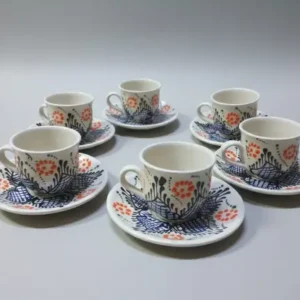 Anatolian Flora 6'lı El Yapımı Seramik Fincan Takımı - Turuncu Çiçek Desenli