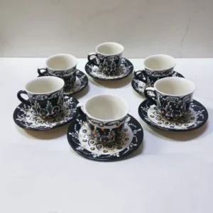 Midnight Gold 6'lı El Yapımı Seramik Fincan Takımı - Siyah Geleneksel Motifli