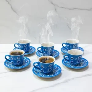 Ocean Nazar 6'lı El Yapımı Seramik Fincan Takımı - Mavi Geleneksel Motifli