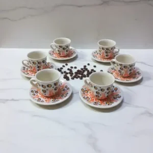 Anatolian Tulip 6'lı El Yapımı Seramik Fincan Takımı - Turuncu Lale Desenli