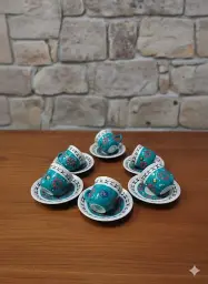 Turquoise Garden 6'lı El Yapımı Seramik Fincan Takımı - Turkuaz Çiçek Motifli