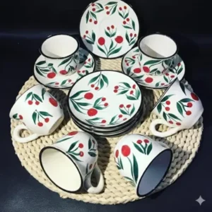 Cherry Blossom 6'lı El Yapımı Seramik Fincan Takımı - Kırmızı Kiraz Desenli