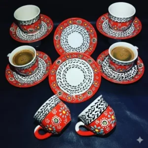 Sunset Bloom 6'lı El Yapımı Seramik Fincan Takımı - Turuncu Çiçek Motifli