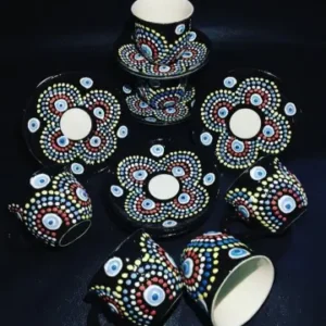 Galaxy Nazar 6'lı El Yapımı Seramik Fincan Takımı - Siyah Çok Renkli Nokta Desenli