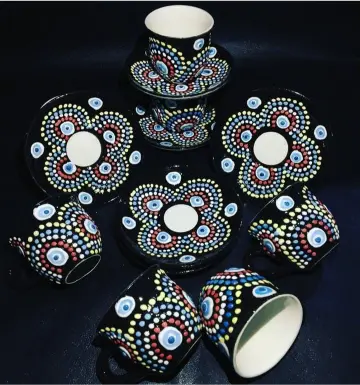 Galaxy Nazar 6'lı El Yapımı Seramik Fincan Takımı - Siyah Çok Renkli Nokta Desenli