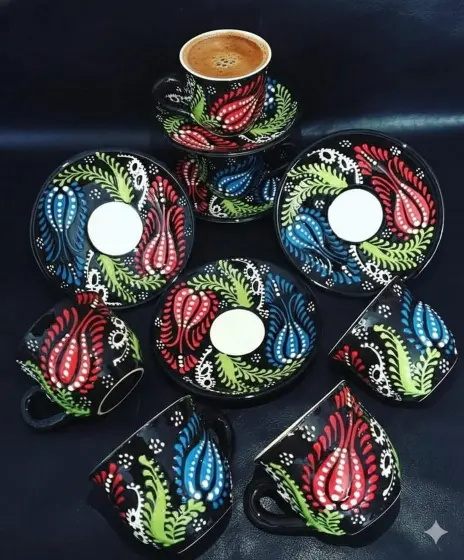 6 Kişilik El Yapımı Kabartmalı Lale Seramik Fincan Takımı