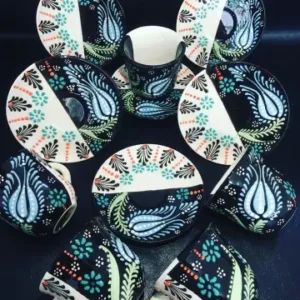 6 Kişilik Siyah-Beyaz Kontrast Kabartmalı Seramik Fincan Takımı