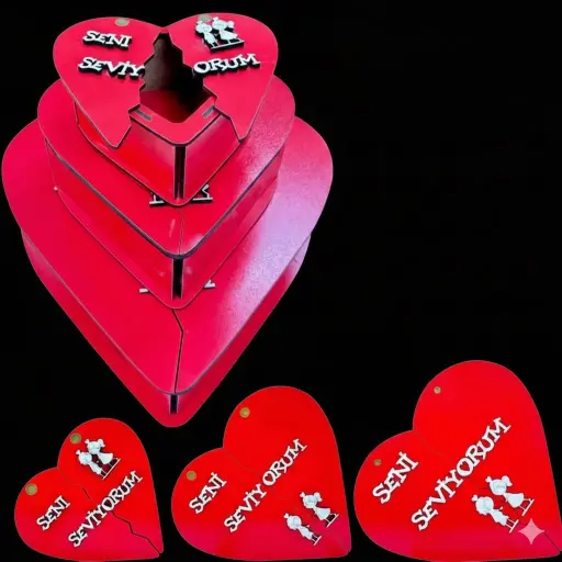 3'lü Kalp Kutu Ahşap