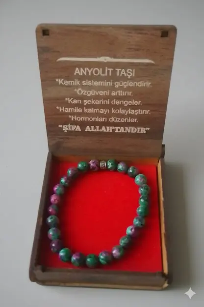 Ahşap Kutulu Anyolit Taşı (Zoisit) Doğal Taş Bileklik